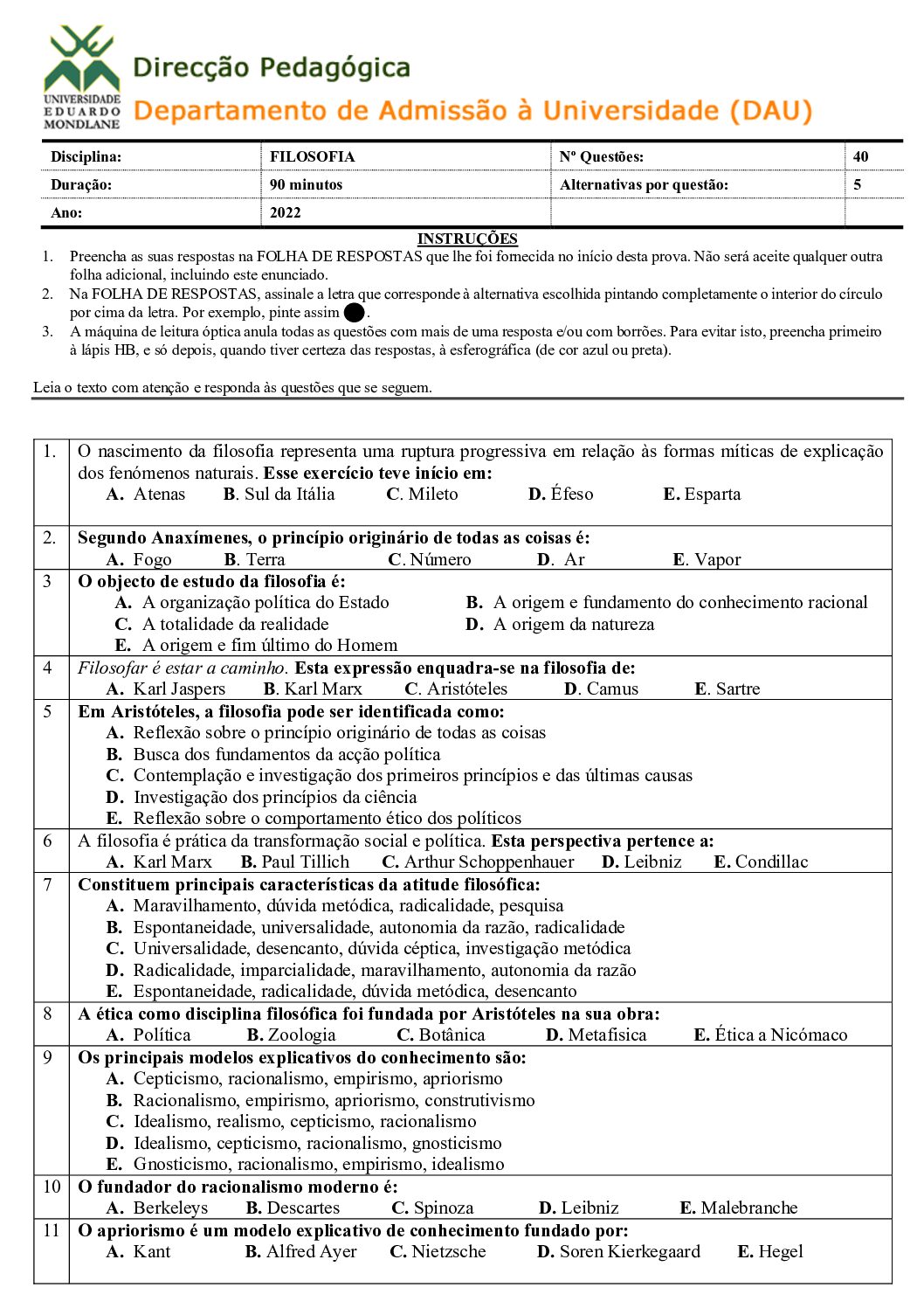 Filosofia – 2022 da UEM (Enunciado e Resolução do Exame de Admissão em PDF)