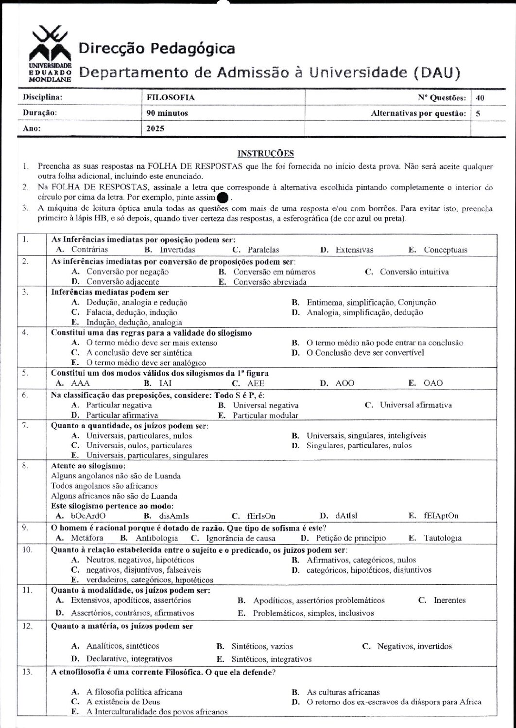 Filosofia – 2025 da UEM (Enunciado e Resolução do Exame de Admissão em PDF)