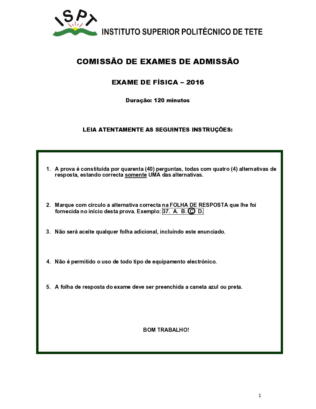 Física – 2016 do ISPT (Enunciado e Resolução do Exame de Admissão em PDF)