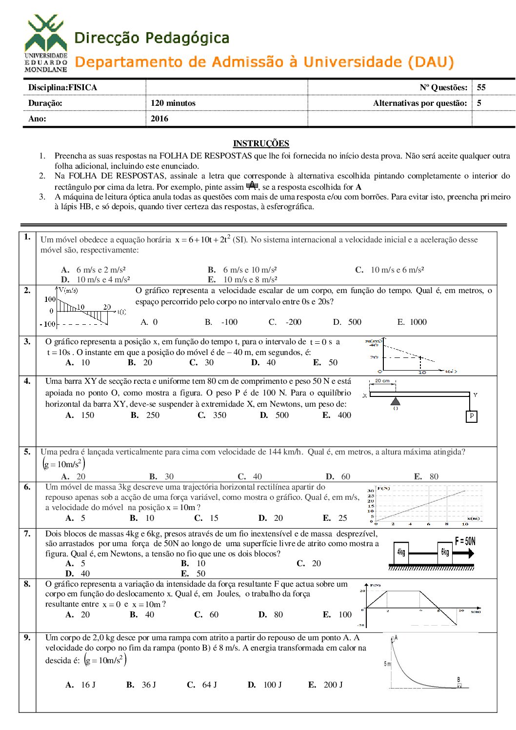 Física – 2016 da UEM (Enunciado e Resolução do Exame de Admissão em PDF)