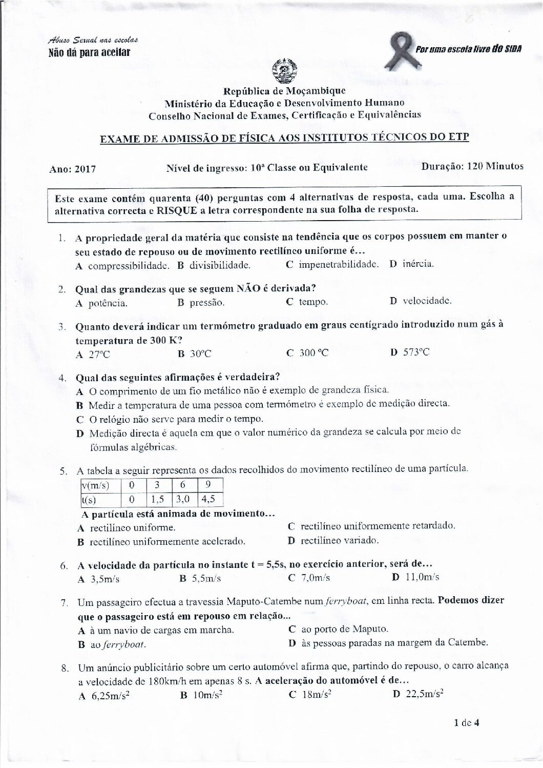 Física – 2017 do ETP (Enunciado e Resolução do Exame de Admissão em PDF)