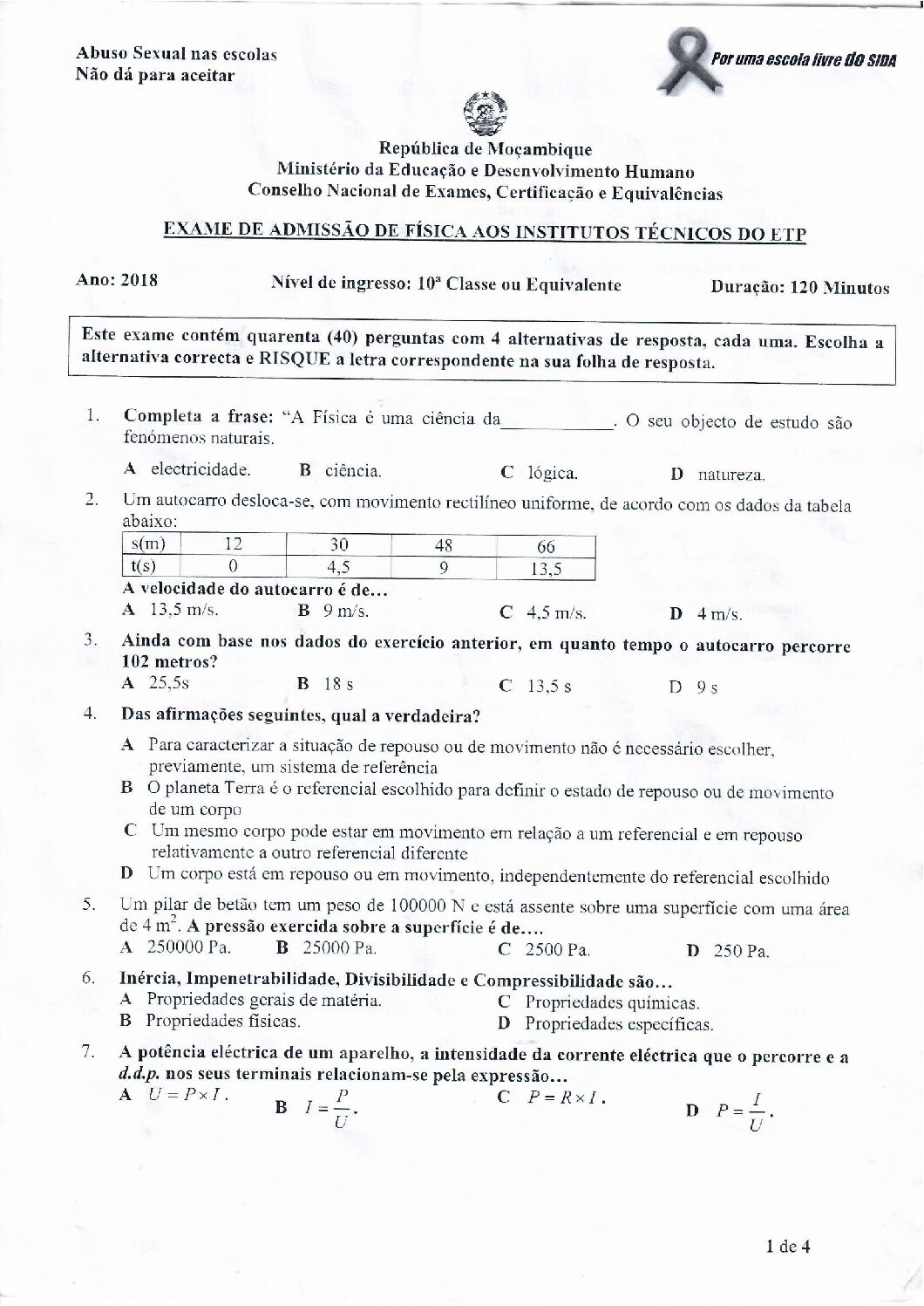 Física – 2018 do ETP (Enunciado e Resolução do Exame de Admissão em PDF)
