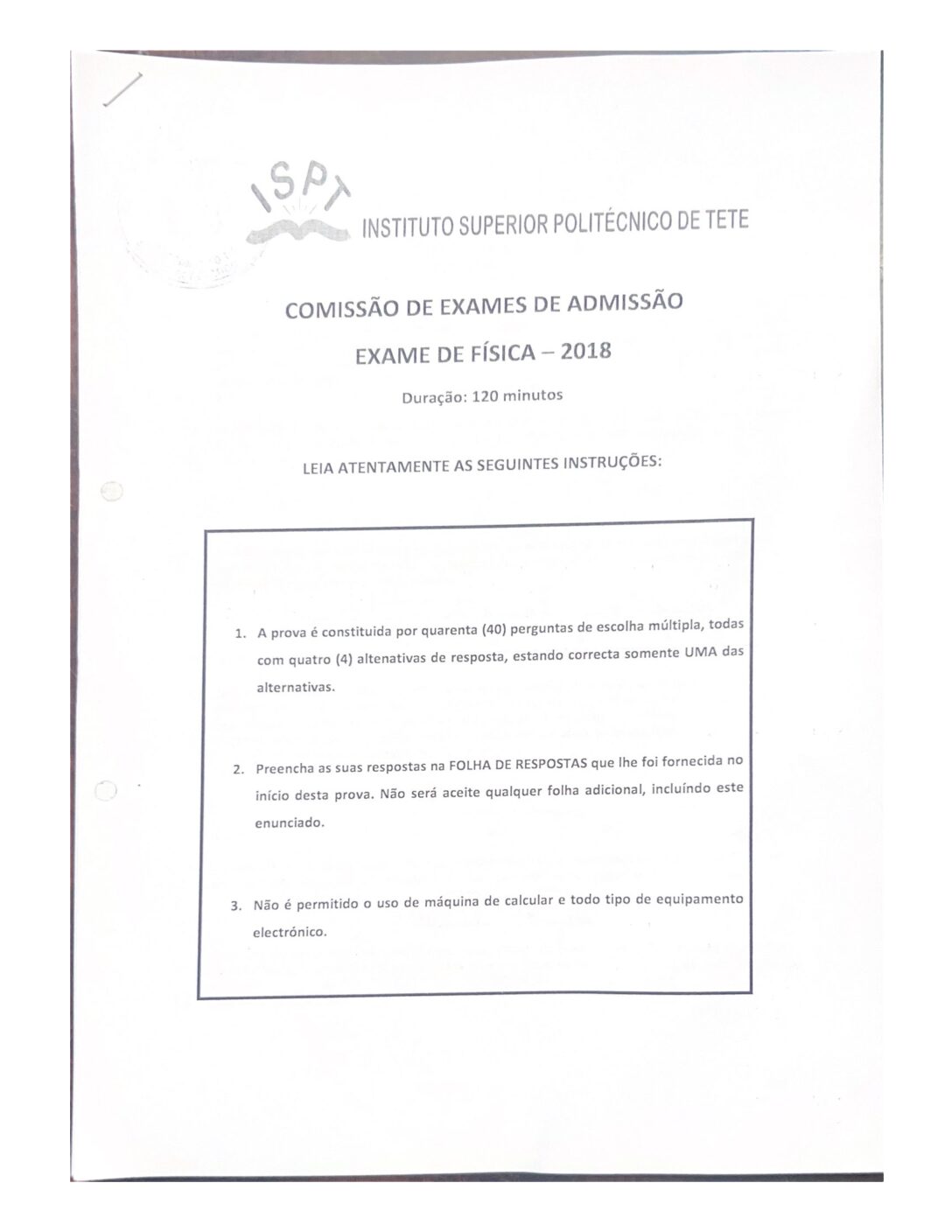 Física – 2018 do ISPT (Enunciado e Resolução do Exame de Admissão em PDF)