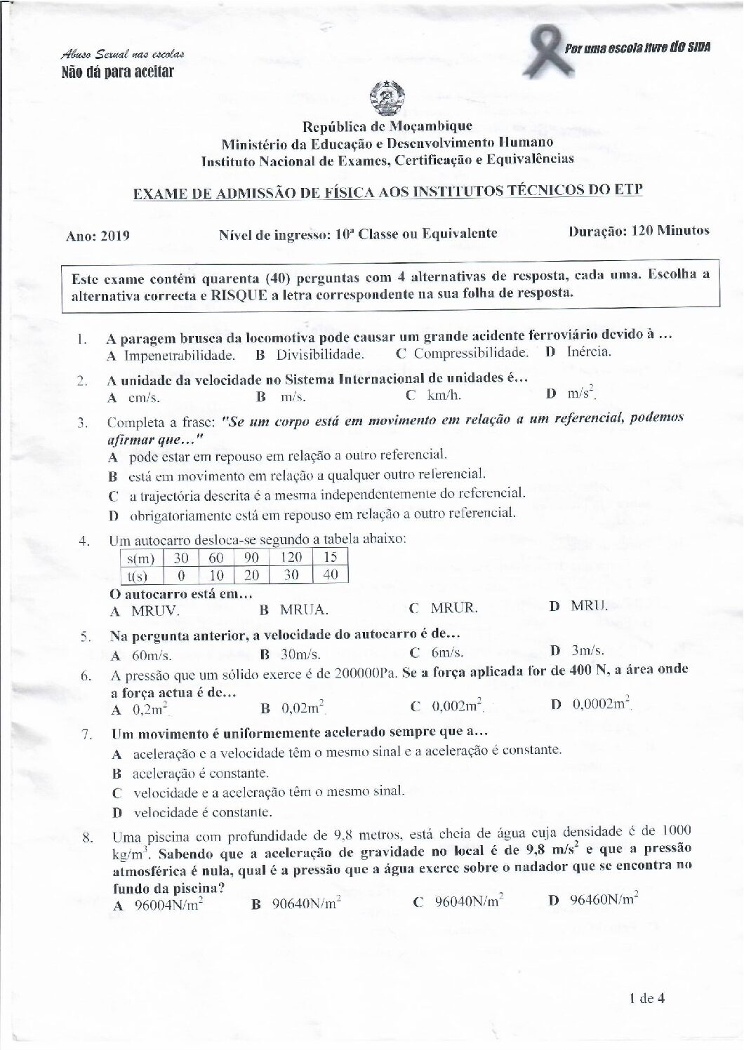 Física – 2019 do ETP (Enunciado e Resolução do Exame de Admissão em PDF)