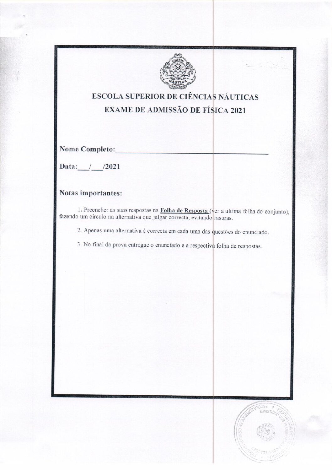Física – 2021 da Escola Náutica (Enunciado e Resolução do Exame de Admissão em PDF)