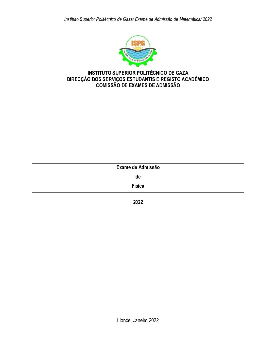 Física – 2022 do ISPG (Enunciado e Resolução do Exame de Admissão em PDF)