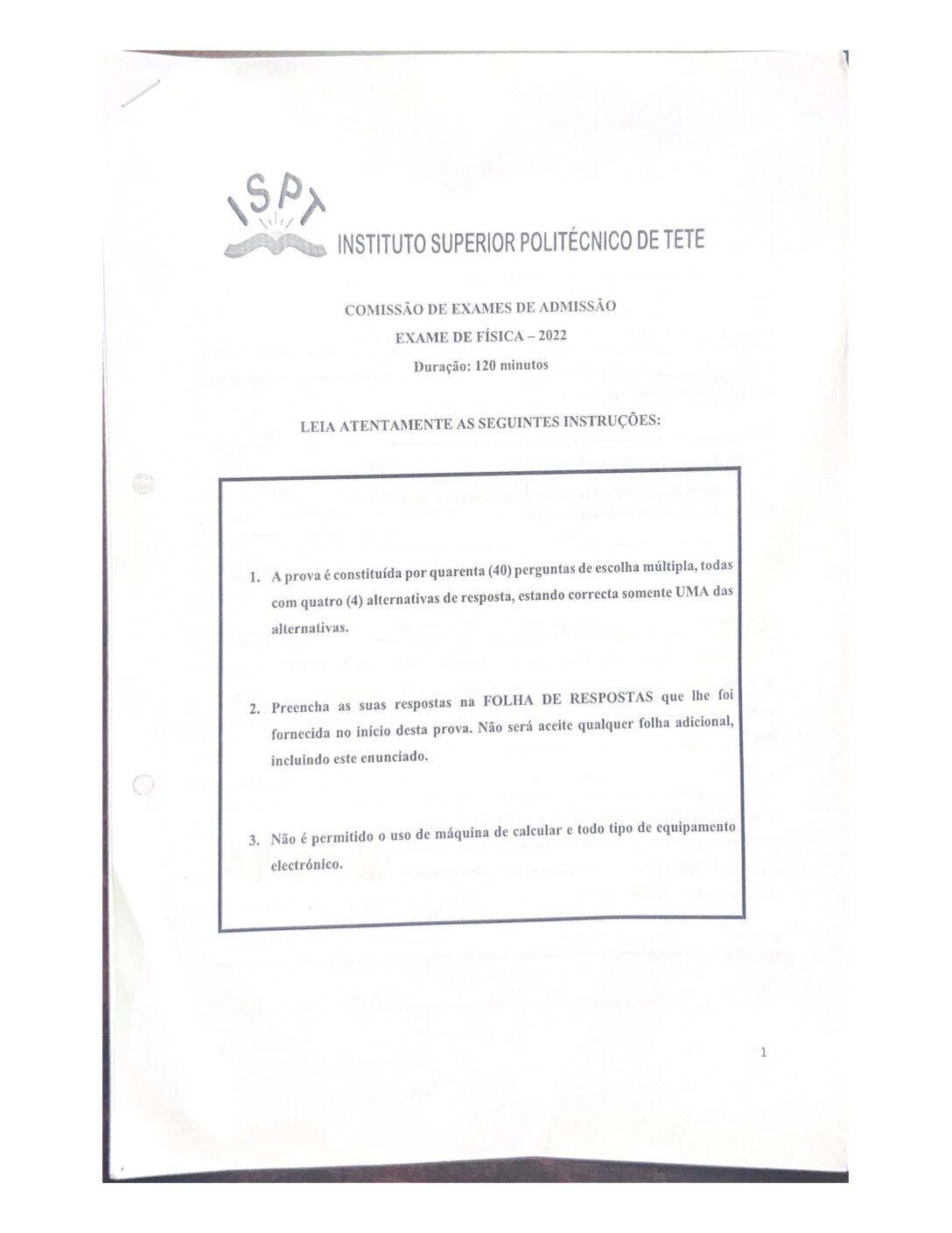 Física – 2022 do ISPT (Enunciado e Resolução do Exame de Admissão em PDF)