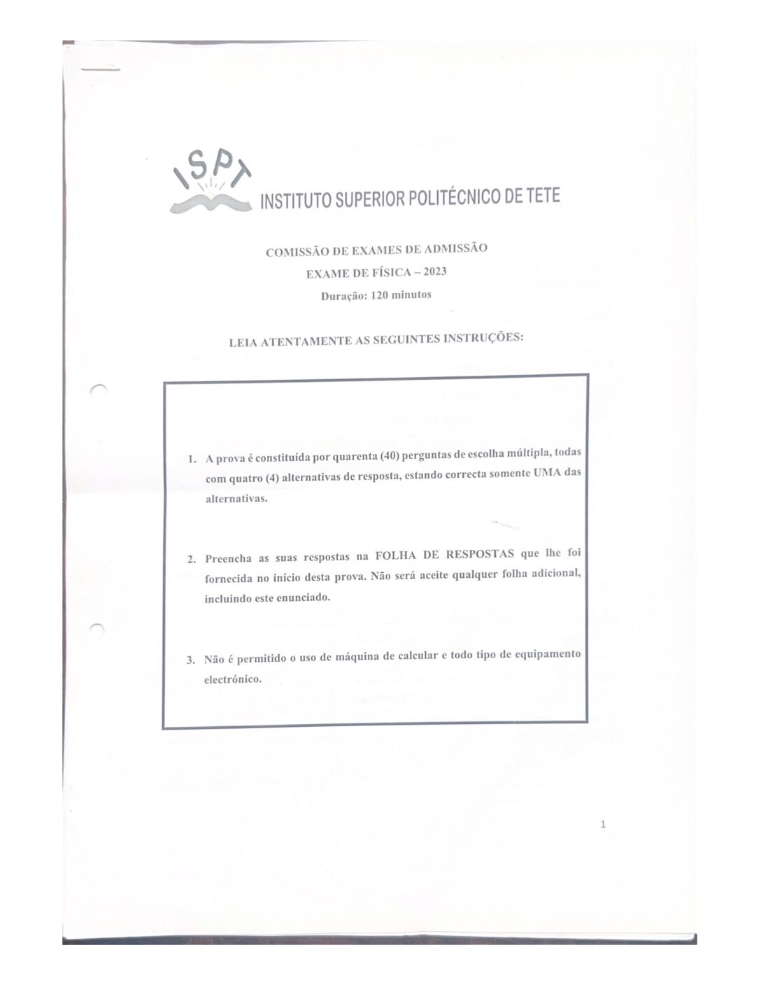 Física – 2023 do ISPT (Enunciado e Resolução do Exame de Admissão em PDF)