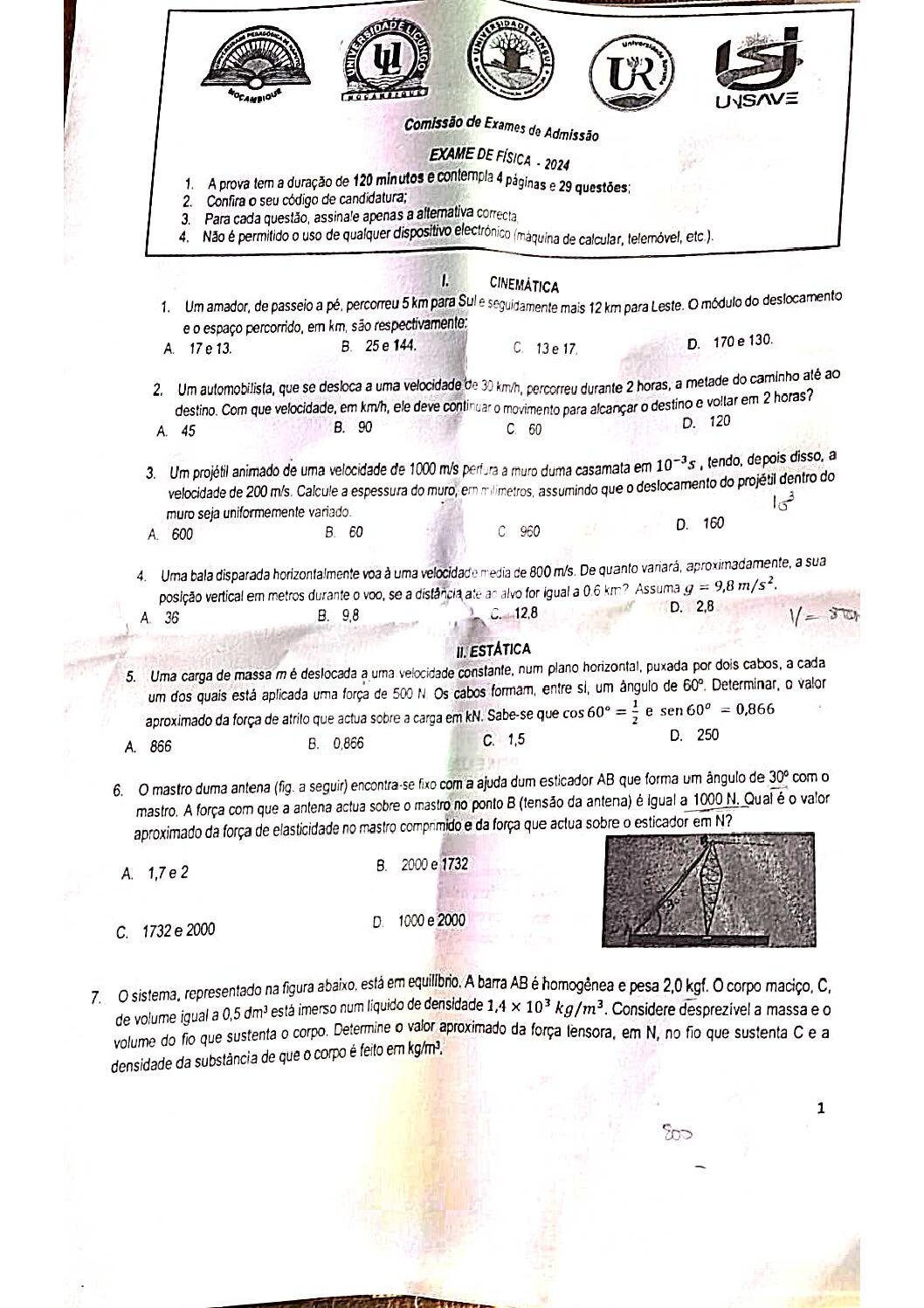 Física – 2024 da UP (Enunciado e Resolução do Exame de Admissão em PDF)