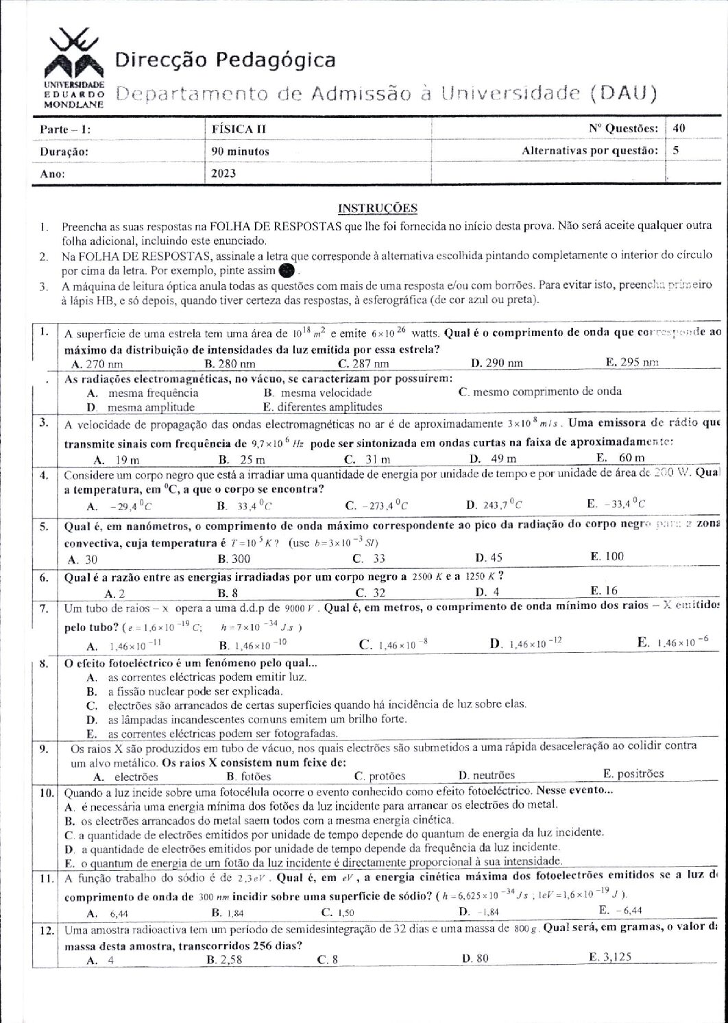 Física – 2023 (II) da UEM (Enunciado e Resolução do Exame de Admissão em PDF)