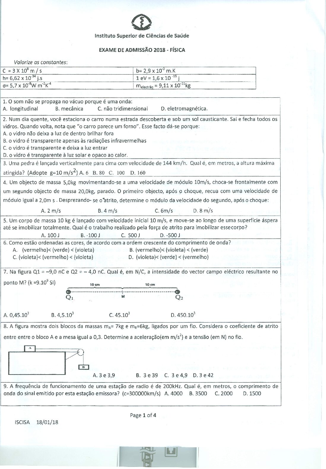 Física – 2018 do ISCISA (Enunciado e Resolução do Exame de Admissão em PDF)