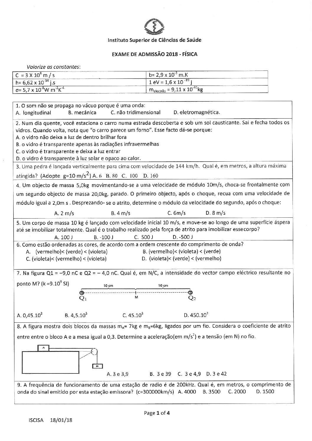Física – 2019 do ISCISA (Enunciado e Resolução do Exame de Admissão em PDF)