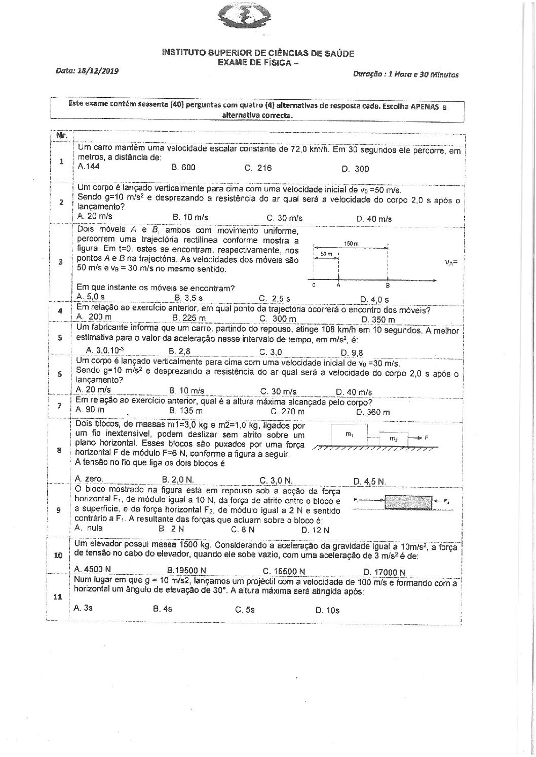Física – 2020 do ISCISA (Enunciado e Resolução do Exame de Admissão em PDF)