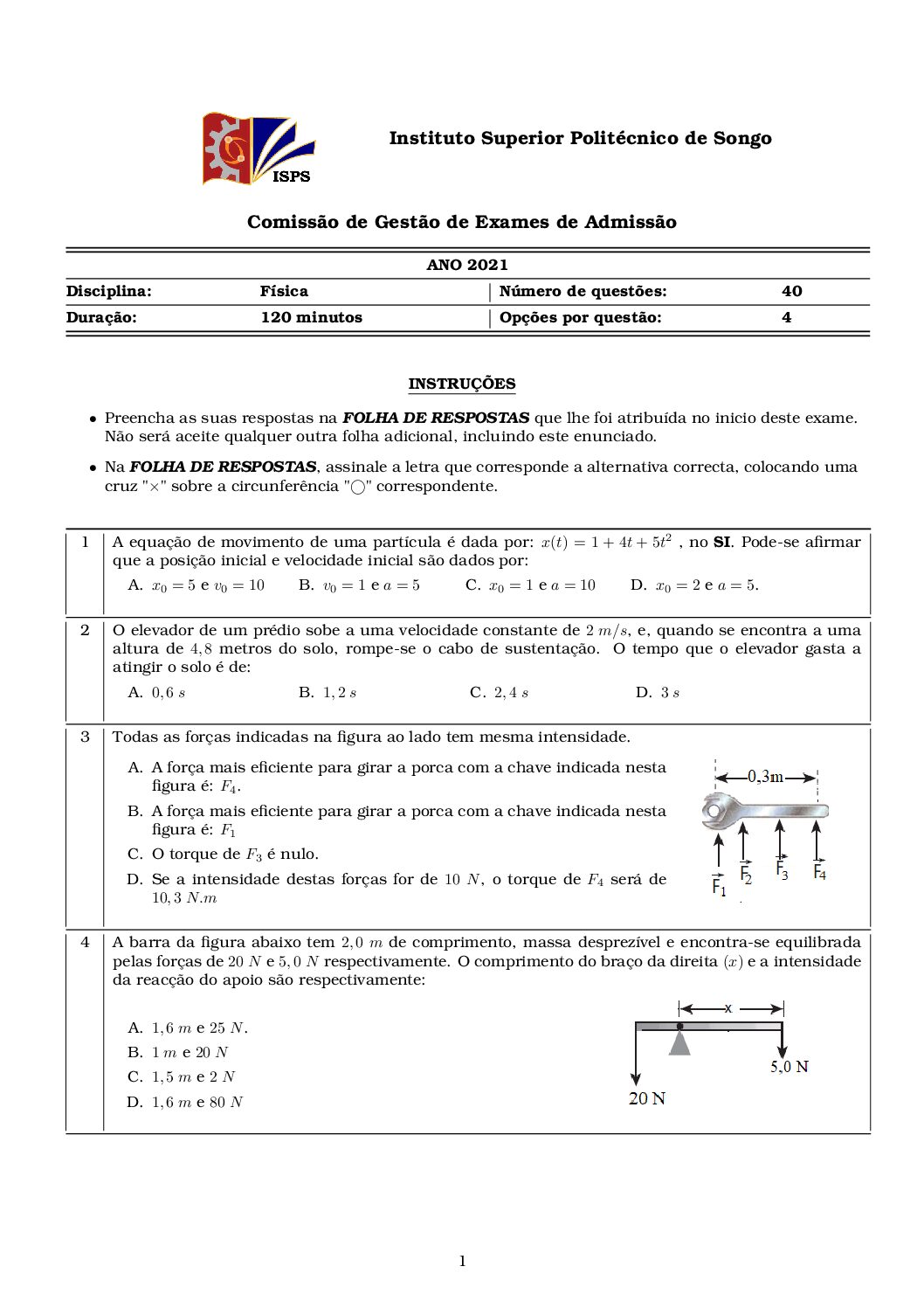 Física – 2021 do ISPSongo (Enunciado e Resolução do Exame de Admissão em PDF)