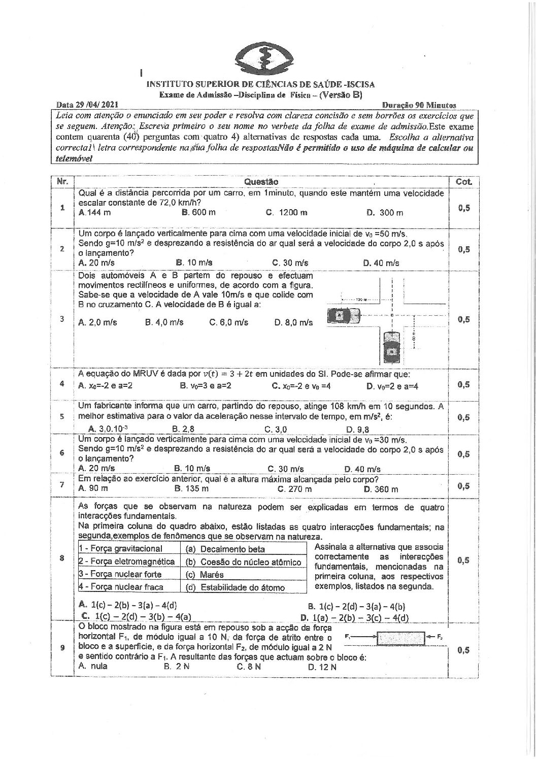 Física – 2021 do ISCISA (Enunciado e Resolução do Exame de Admissão em PDF)