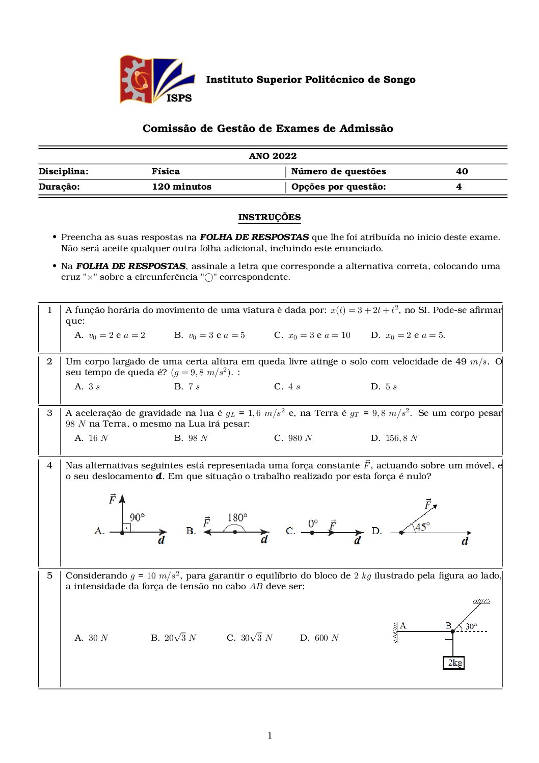 Física – 2022 do ISPSongo (Enunciado e Resolução do Exame de Admissão em PDF)