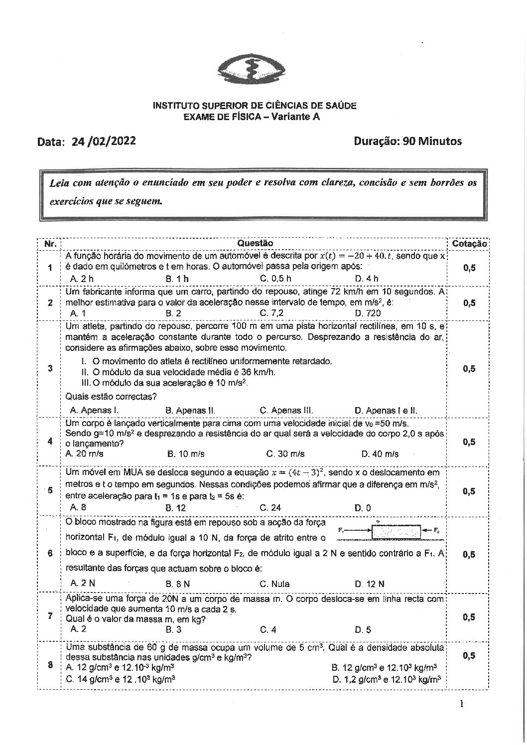 Física – 2022 do ISCISA (Enunciado e Resolução do Exame de Admissão em PDF)