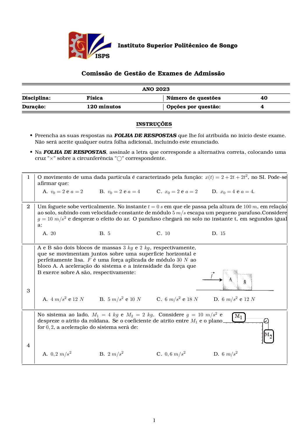 Física – 2023 do ISPSongo (Enunciado e Resolução do Exame de Admissão em PDF)