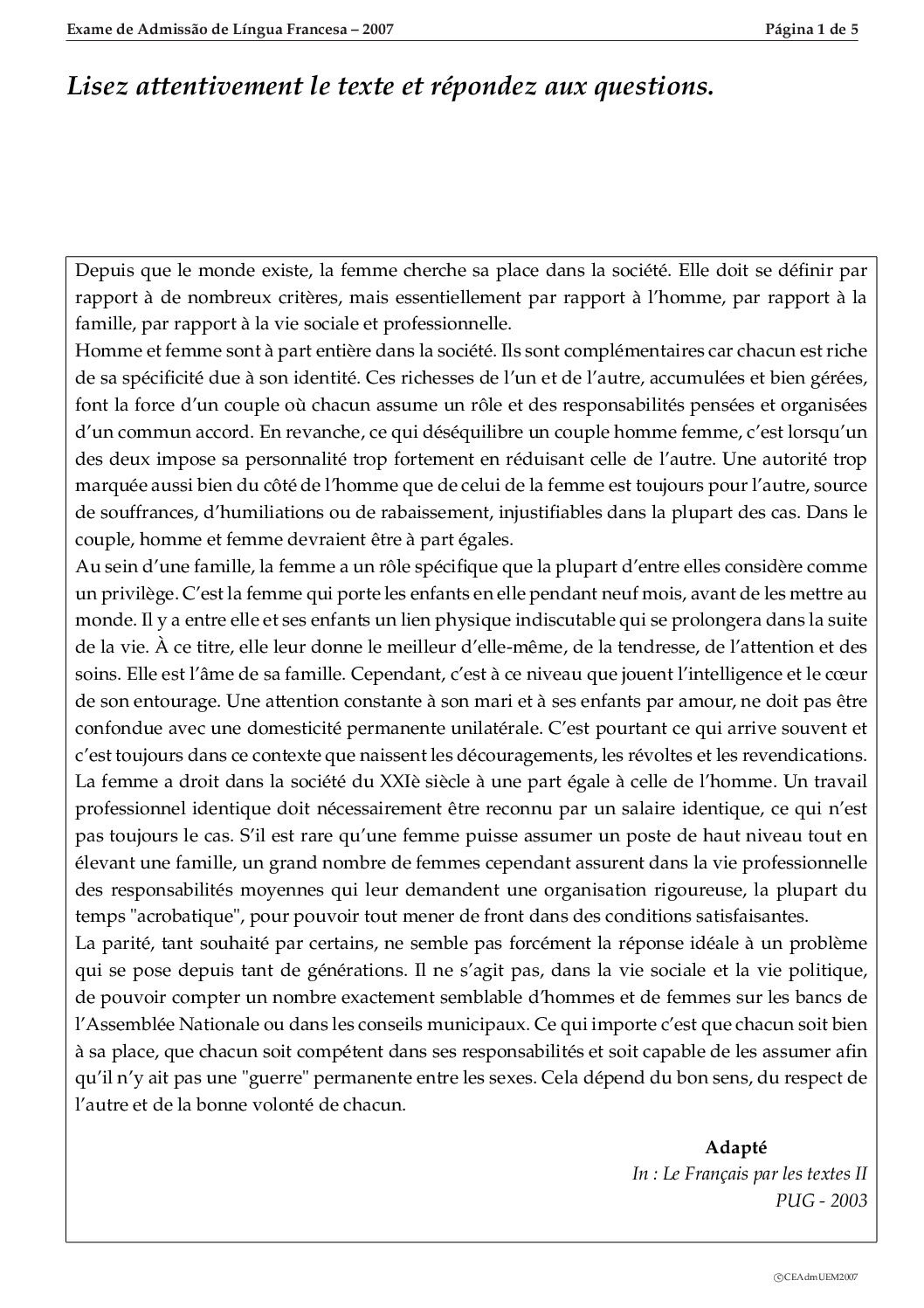 Francês – 2007 da UEM (Enunciado e Resolução do Exame de Admissão em PDF)