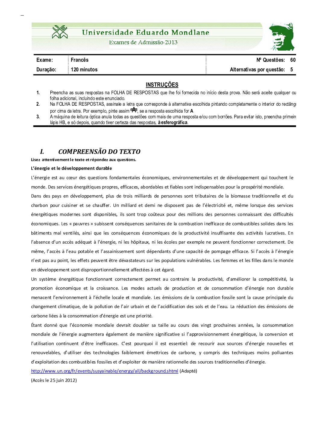 Francês – 2013 da UEM (Enunciado e Resolução do Exame de Admissão em PDF)