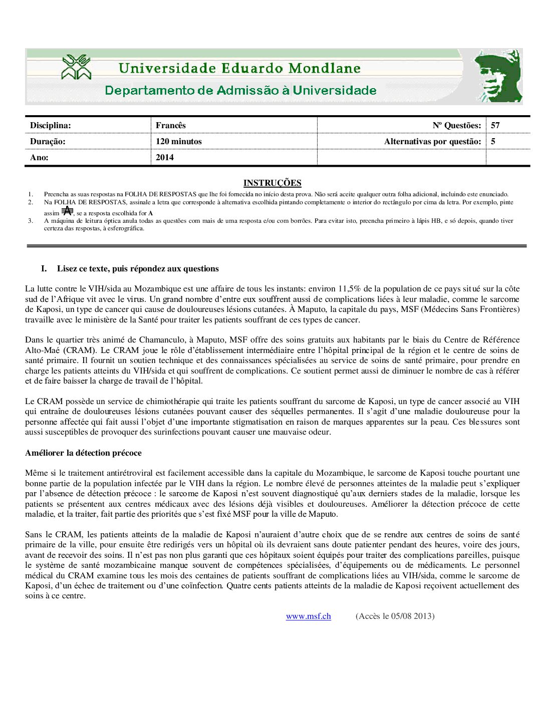 Francês – 2014 da UEM (Enunciado e Resolução do Exame de Admissão em PDF)