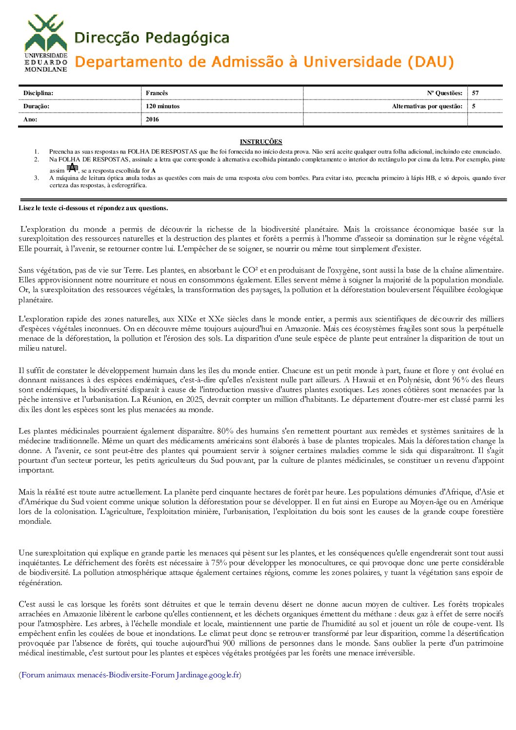 Francês – 2016 da UEM (Enunciado e Resolução do Exame de Admissão em PDF)