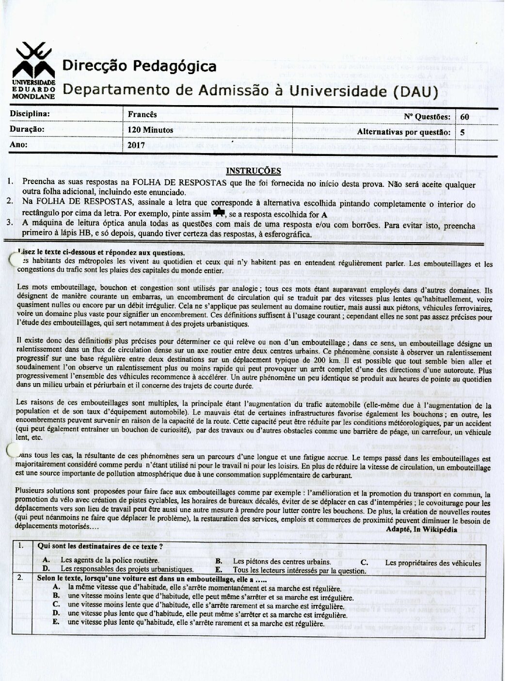 Francês – 2017 da UEM (Enunciado e Resolução do Exame de Admissão em PDF)