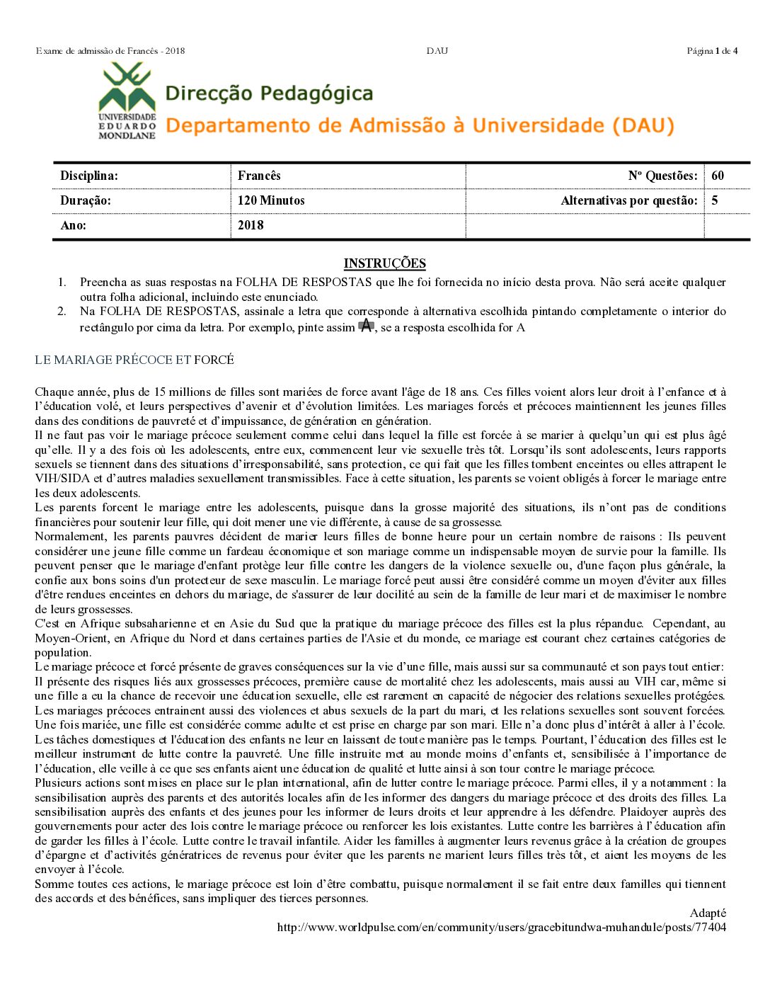 Francês – 2018 da UEM (Enunciado e Resolução do Exame de Admissão em PDF)