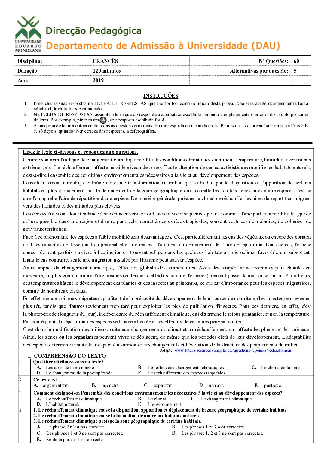 Francês – 2019 da UEM (Enunciado e Resolução do Exame de Admissão em PDF)