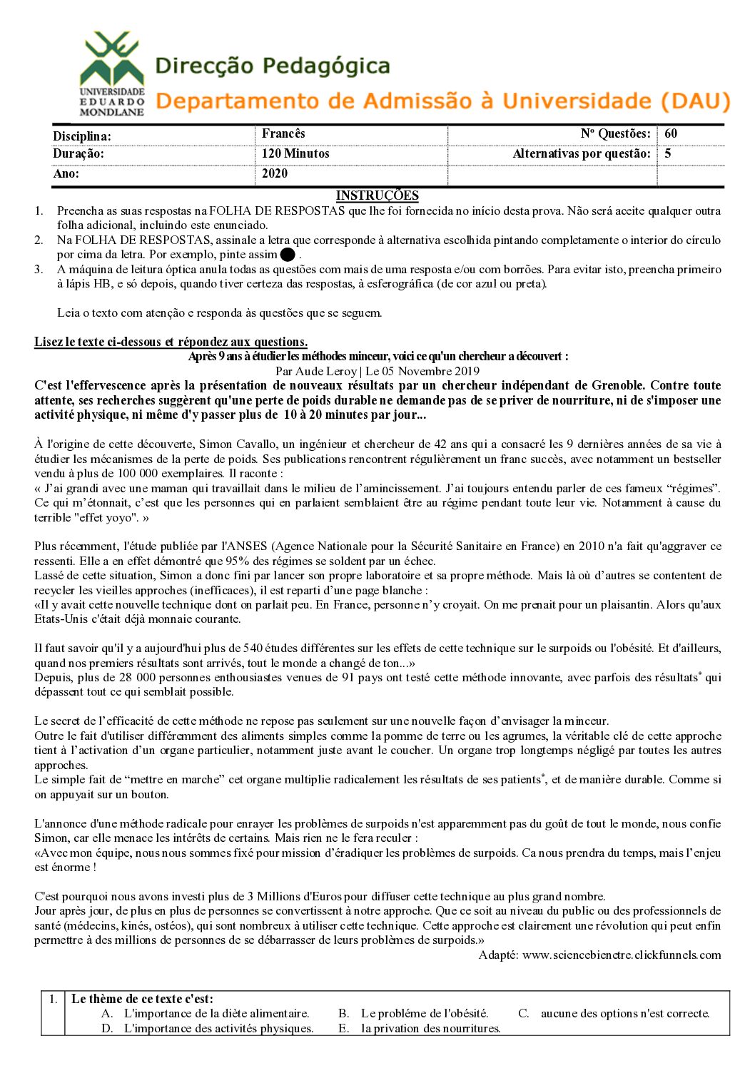 Francês – 2020 da UEM (Enunciado e Resolução do Exame de Admissão em PDF)