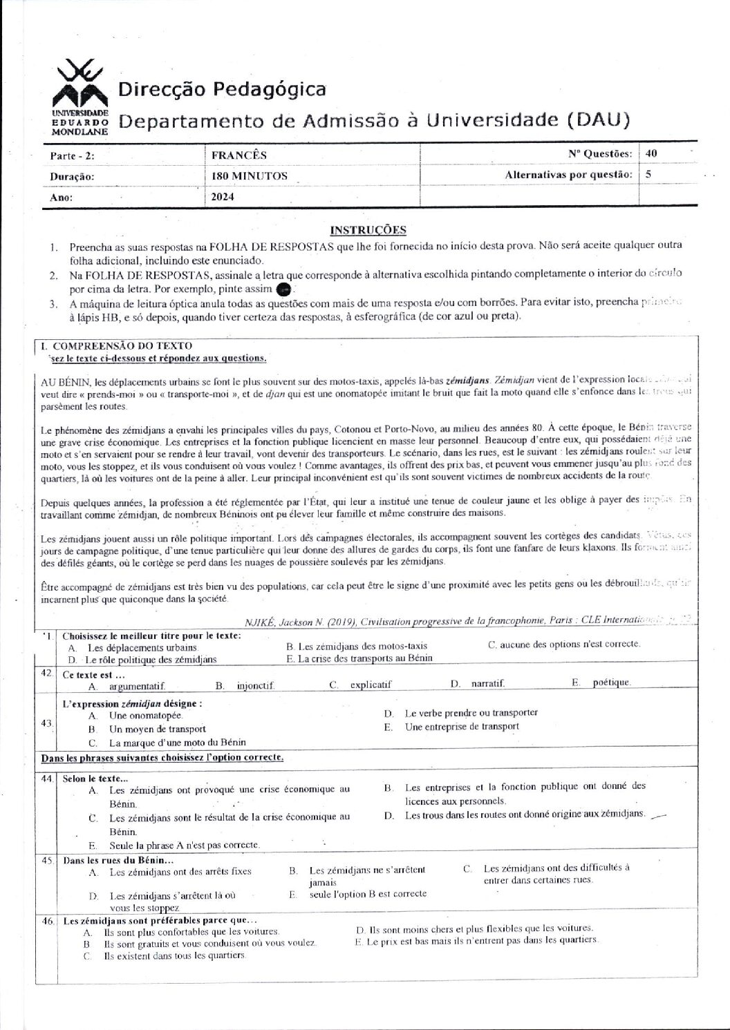 Francês – 2024 da UEM (Enunciado e Resolução do Exame de Admissão em PDF)