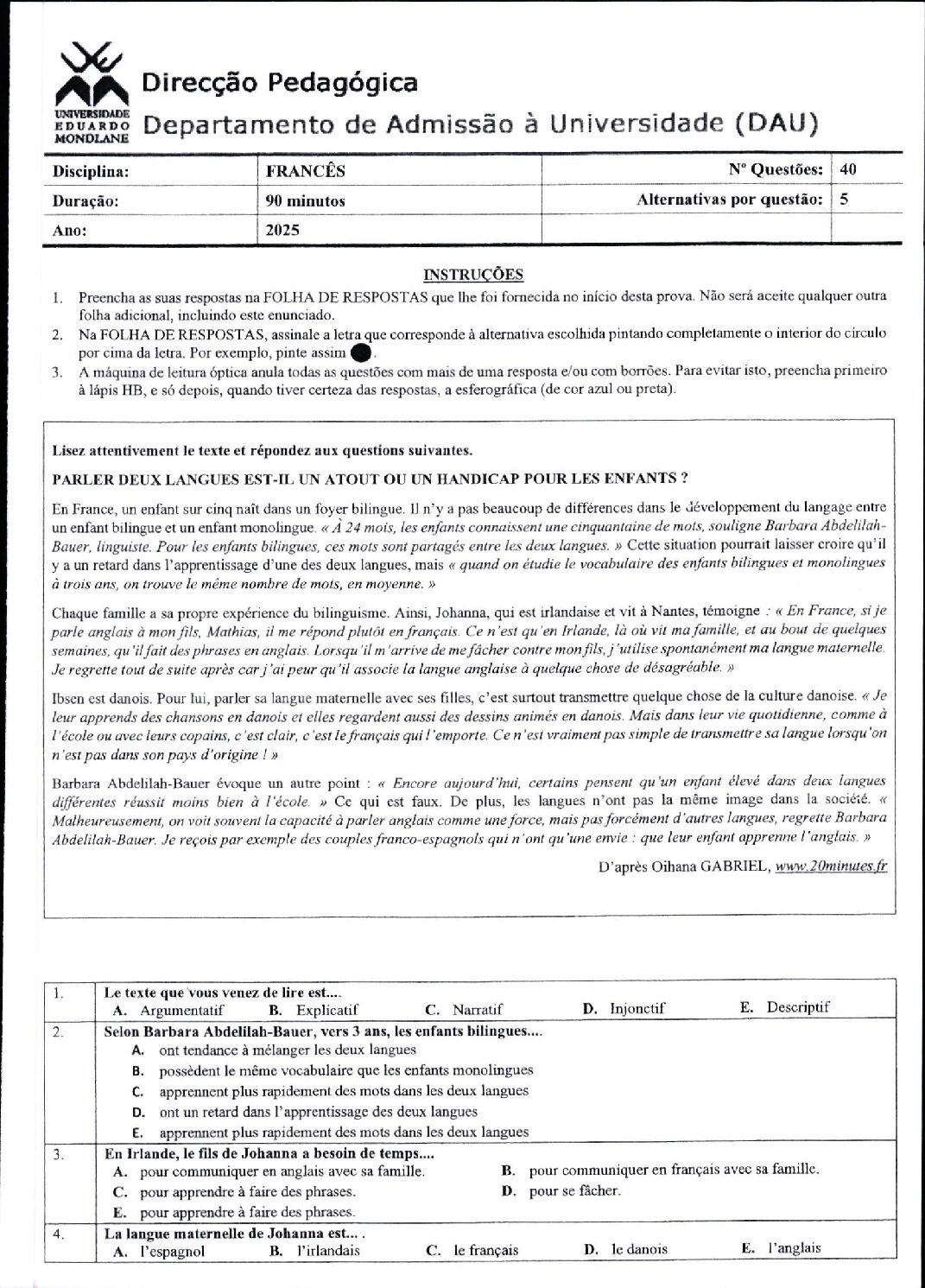 Francês – 2025 da UEM (Enunciado e Resolução do Exame de Admissão em PDF)