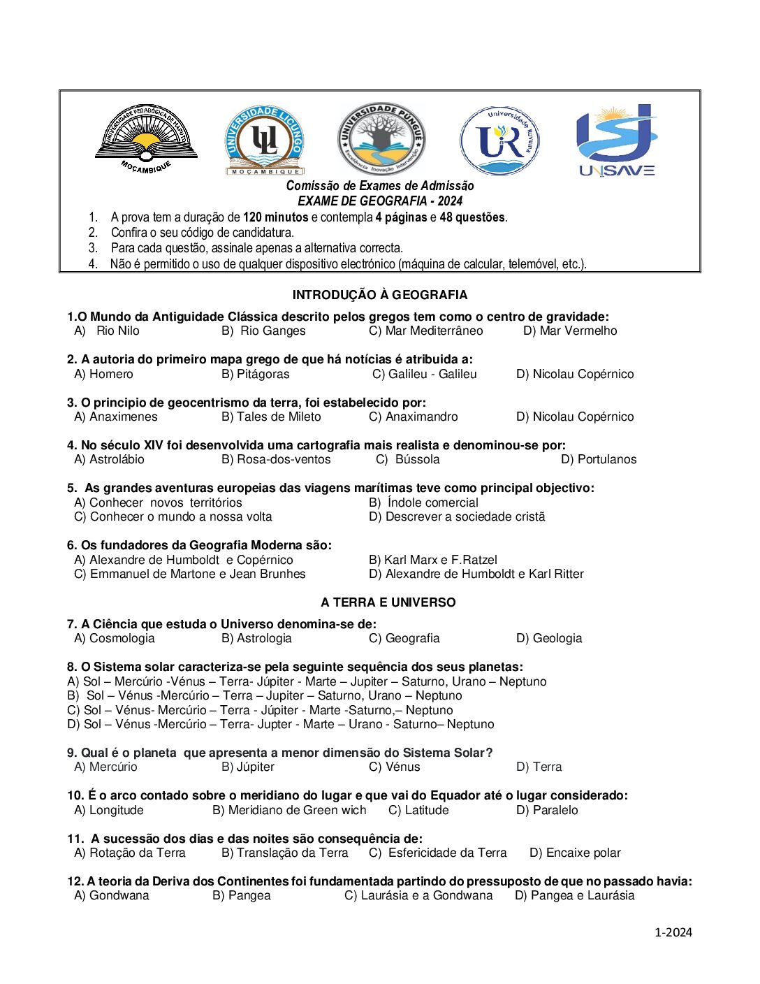 Geografia – 2024 da UP (Enunciado e Resolução do Exame de Admissão em PDF)