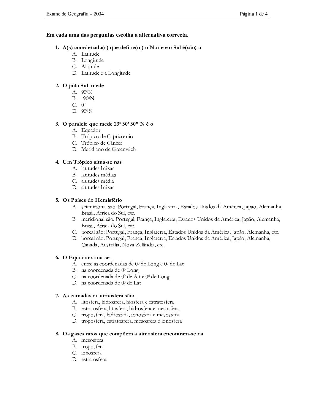 Geografia – 2004 da UEM (Enunciado e Resolução do Exame de Admissão em PDF)