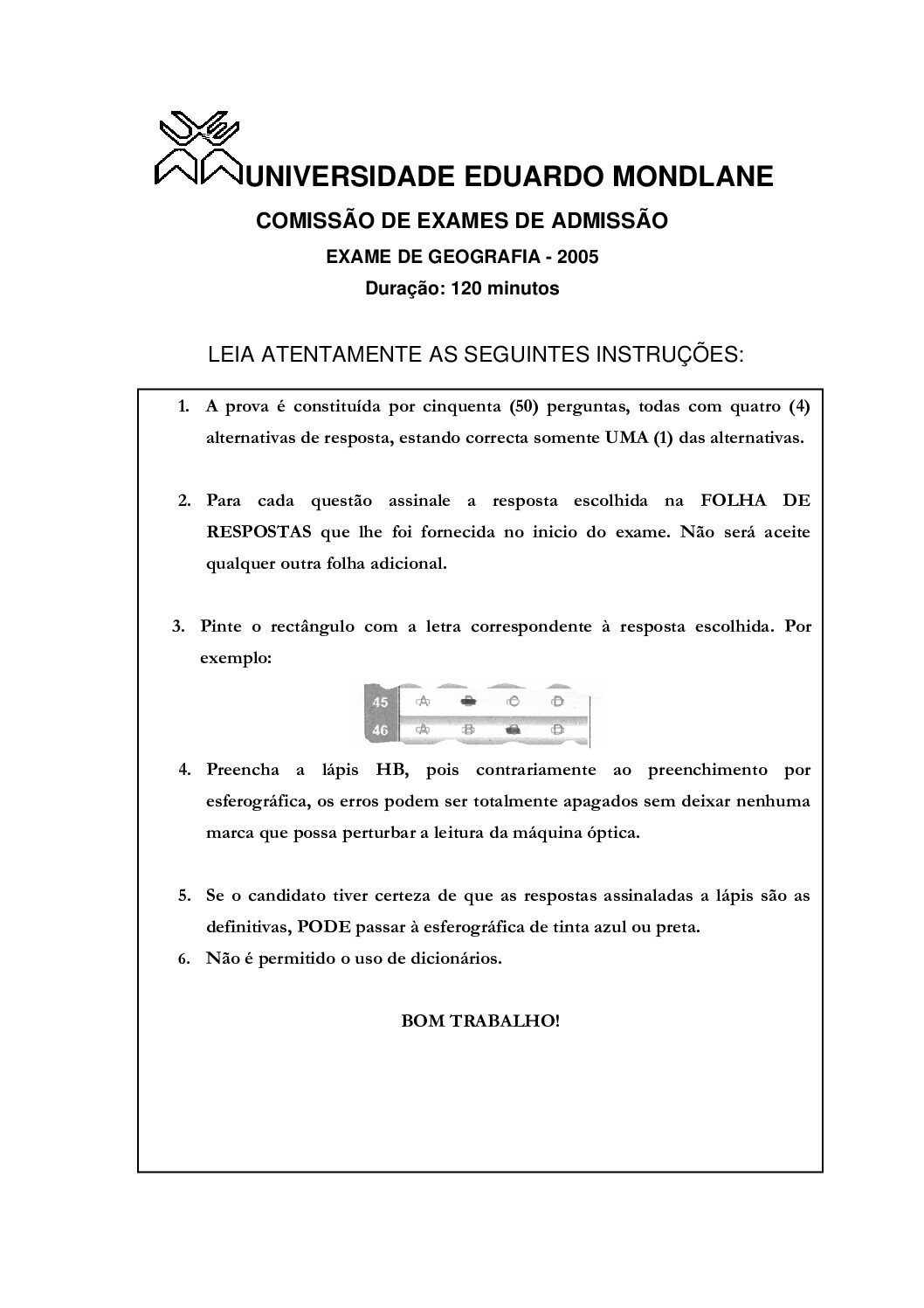 Geografia – 2005 da UEM (Enunciado e Resolução do Exame de Admissão em PDF)
