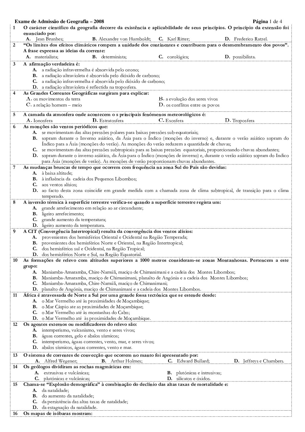 Geografia – 2008 da UEM (Enunciado e Resolução do Exame de Admissão em PDF)