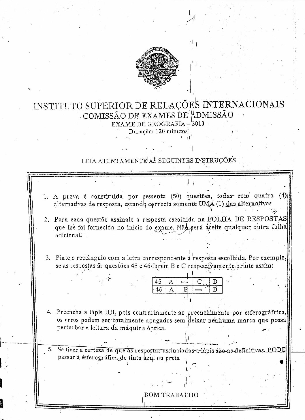 Geografia – 2010 da UJC (Enunciado e Resolução do Exame de Admissão em PDF)