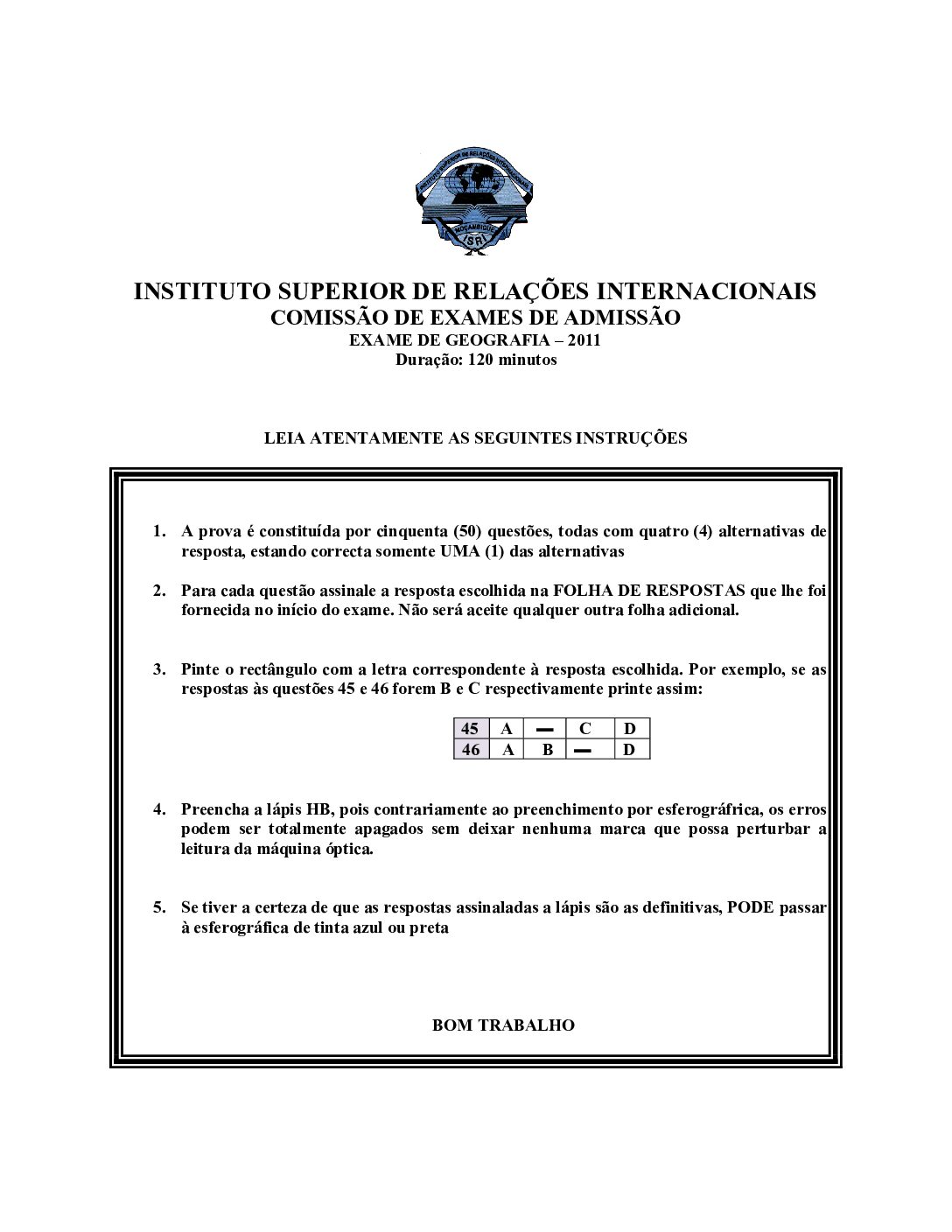 Geografia – 2011 da UJC (Enunciado e Resolução do Exame de Admissão em PDF)