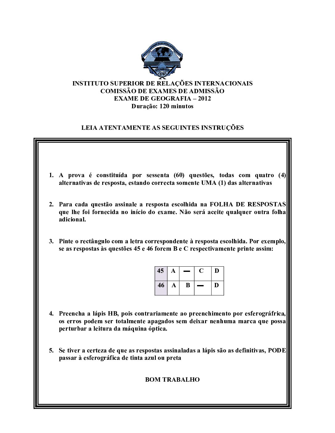 Geografia – 2012 da UJC (Enunciado e Resolução do Exame de Admissão em PDF)