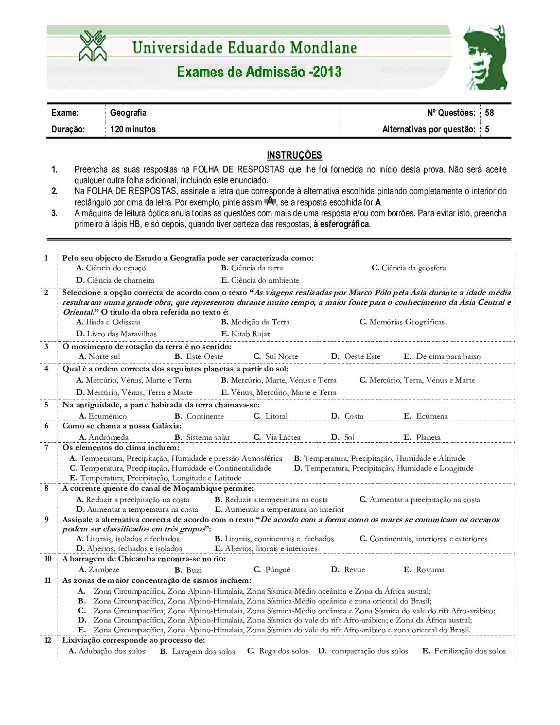 Geografia – 2013 da UEM (Enunciado e Resolução do Exame de Admissão em PDF)