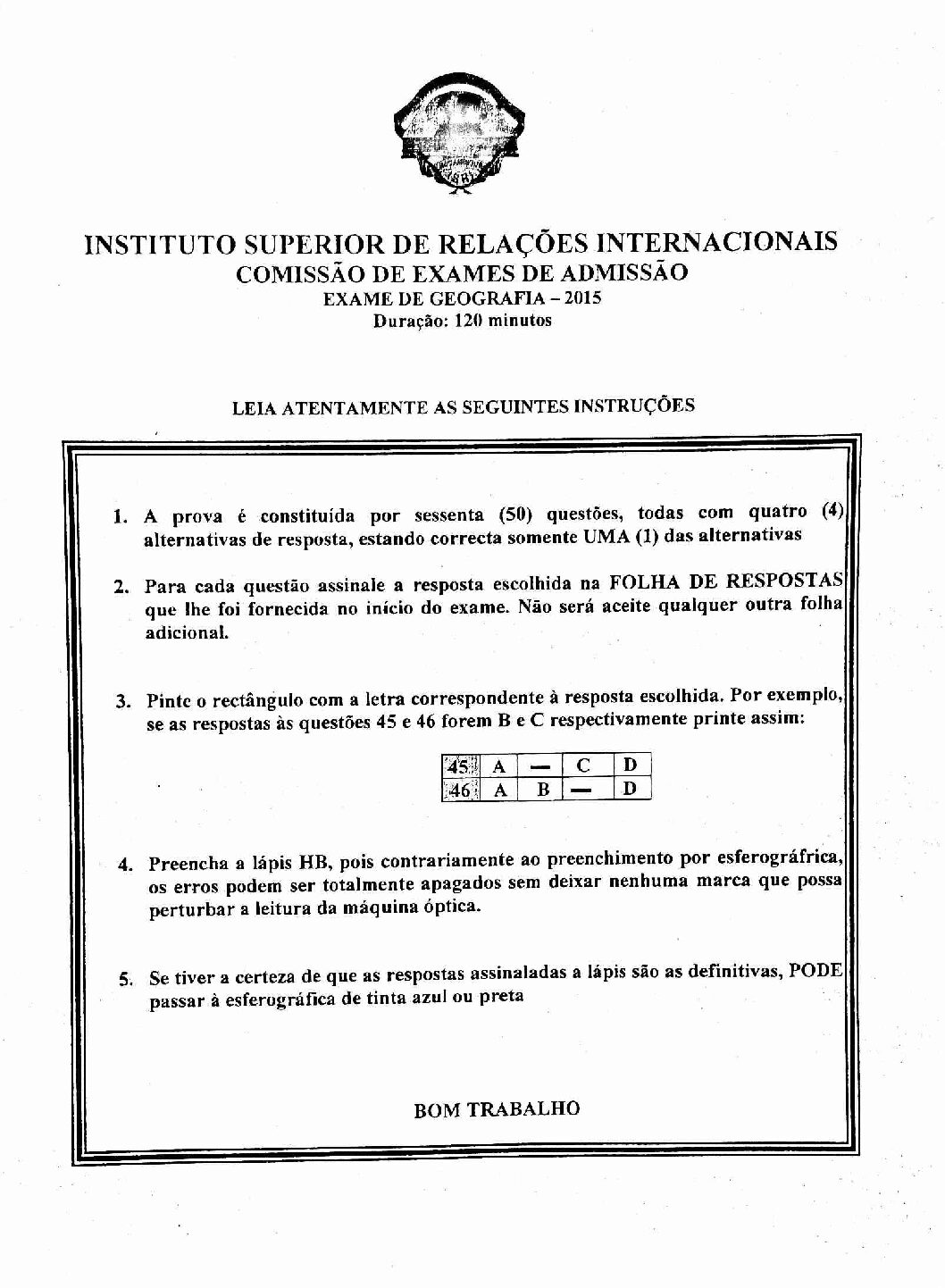 Geografia – 2015 da UJC (Enunciado e Resolução do Exame de Admissão em PDF)