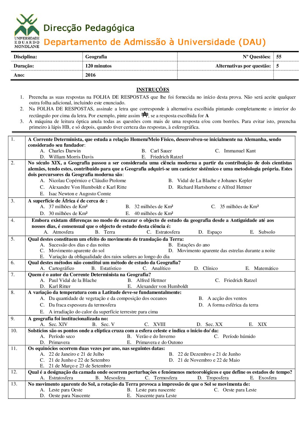 Geografia – 2016 da UEM (Enunciado e Resolução do Exame de Admissão em PDF)