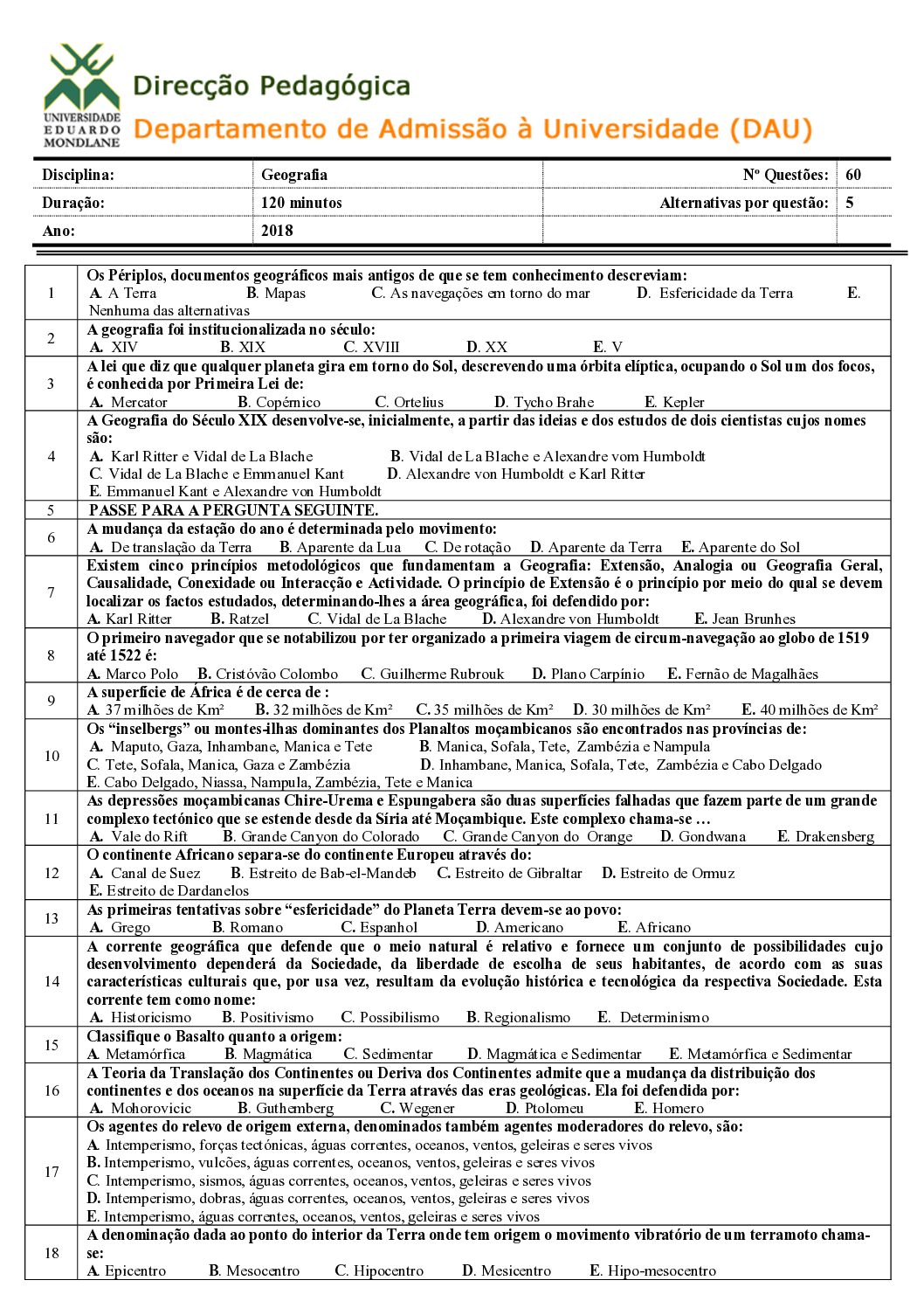 Geografia – 2018 da UEM (Enunciado e Resolução do Exame de Admissão em PDF)