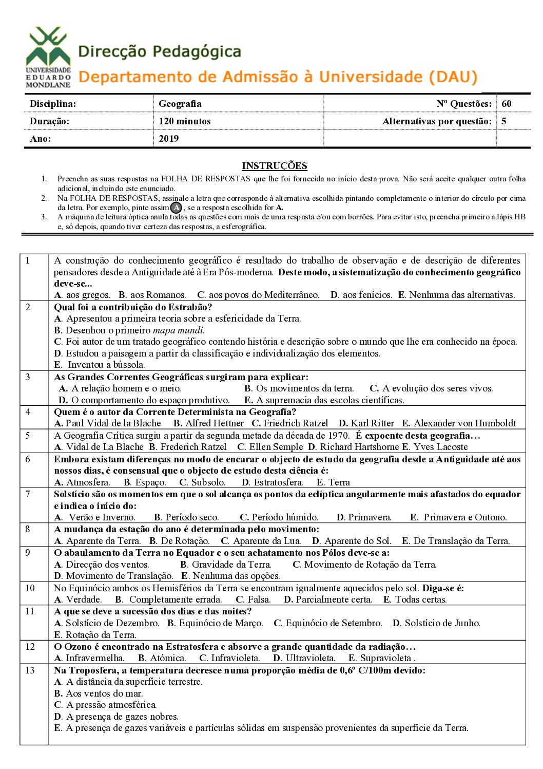 Geografia – 2019 da UEM (Enunciado e Resolução do Exame de Admissão em PDF)