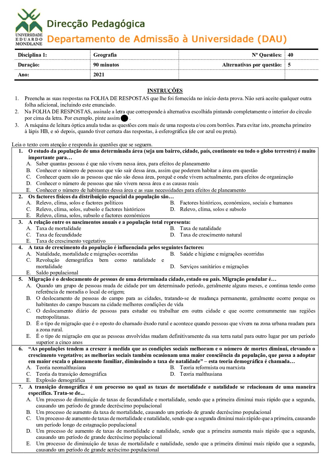Geografia – 2021 (I) da UEM (Enunciado e Resolução do Exame de Admissão em PDF)
