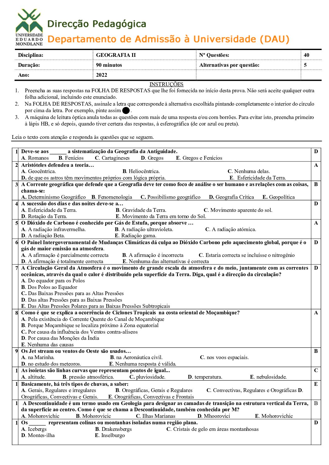 Geografia – 2022 (II) da UEM (Enunciado e Resolução do Exame de Admissão em PDF)