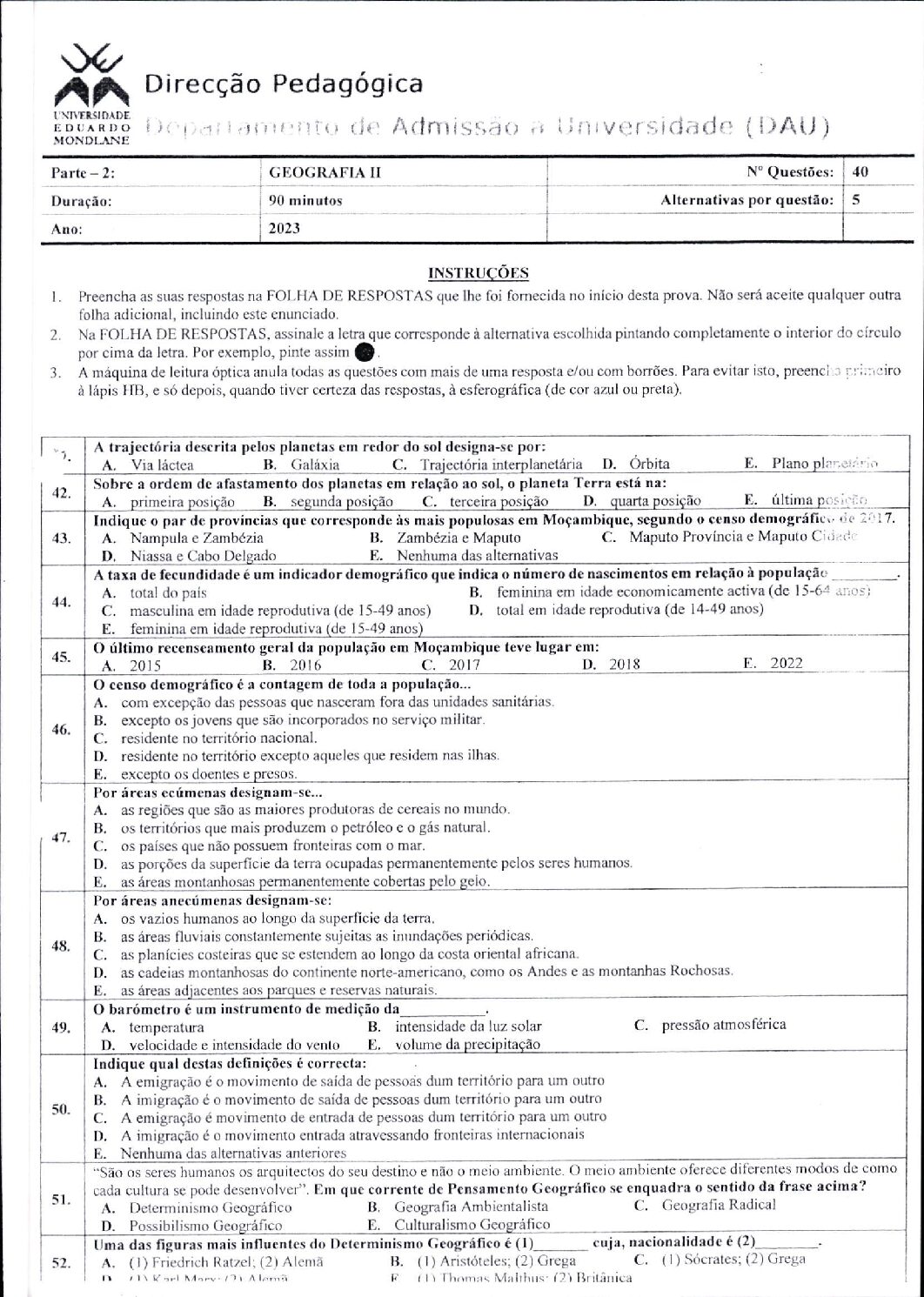 Geografia – 2023 (II) da UEM (Enunciado e Resolução do Exame de Admissão em PDF)