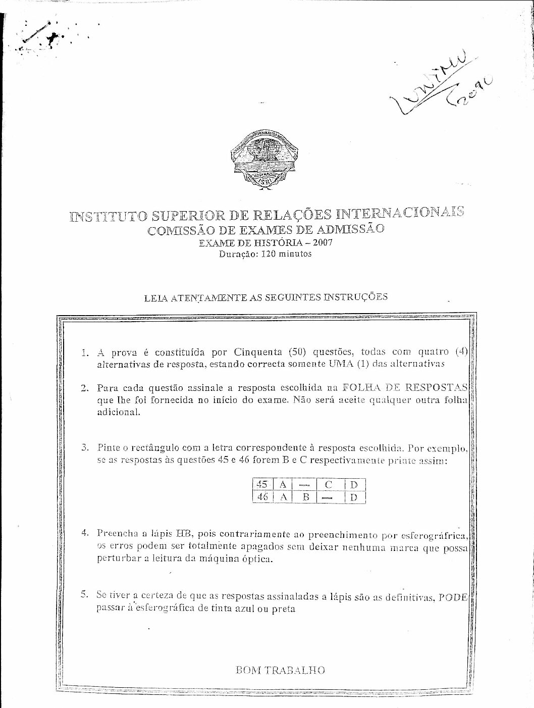 História – 2007 da UJC (Enunciado e Resolução do Exame de Admissão em PDF)