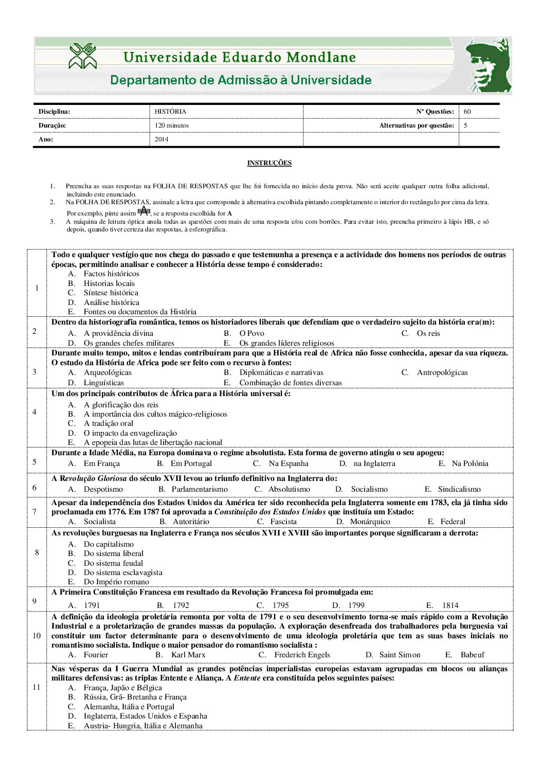 História – 2014 da UEM (Enunciado e Resolução do Exame de Admissão em PDF)