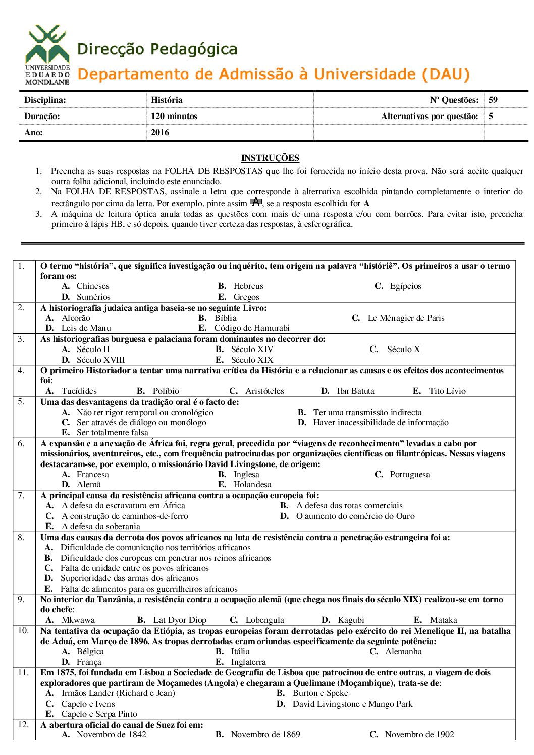 História – 2016 da UEM (Enunciado e Resolução do Exame de Admissão em PDF)